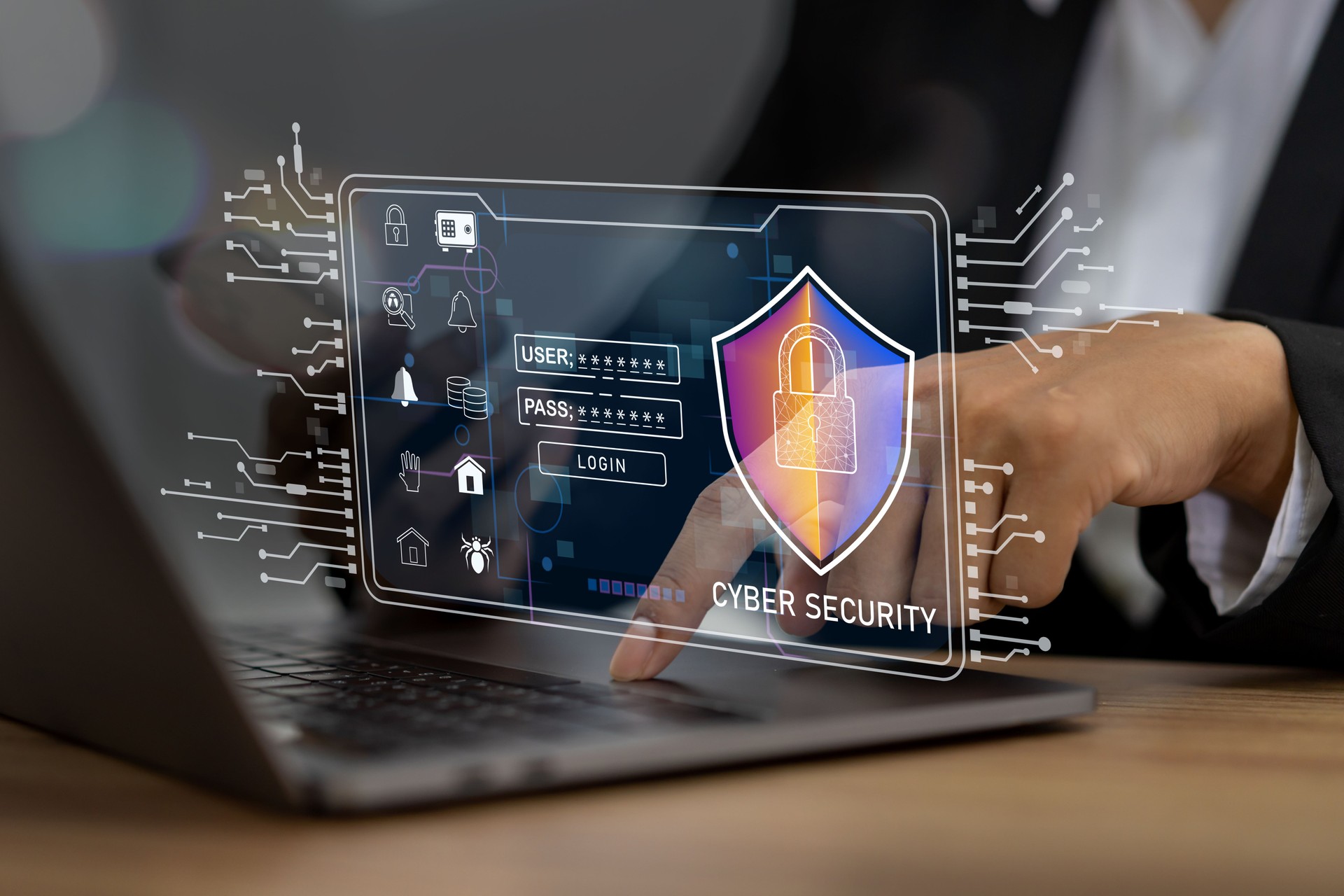 Cybersécurité et protection des données avec icône de cadenas : sécurité des réseaux numériques, chiffrement, confidentialité de l'information, sécurité en ligne, défense contre les cybermenaces, communication sécurisée, innovation technologique, prévention contre les pirates.