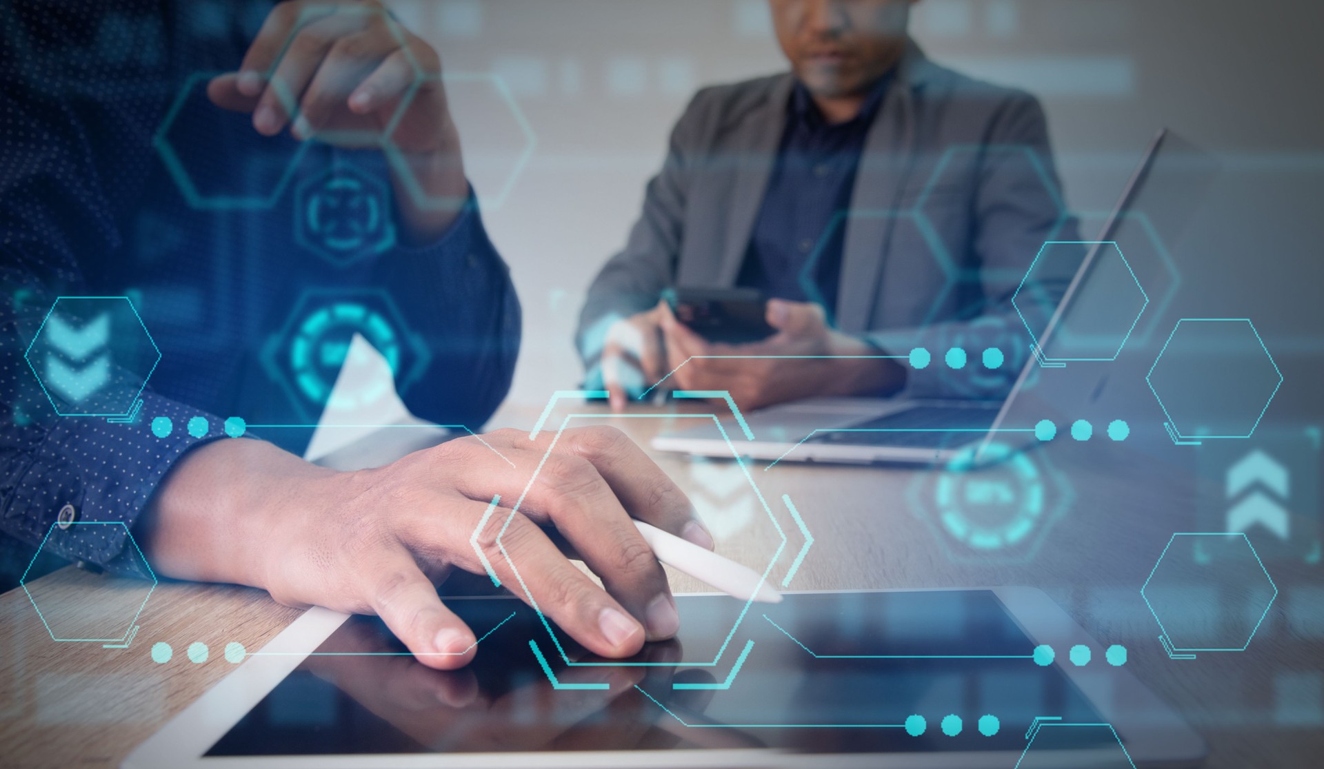 Businessmen work virtual graphic global internet connection, Artificial Intelligence, Futuristic technology transformation.